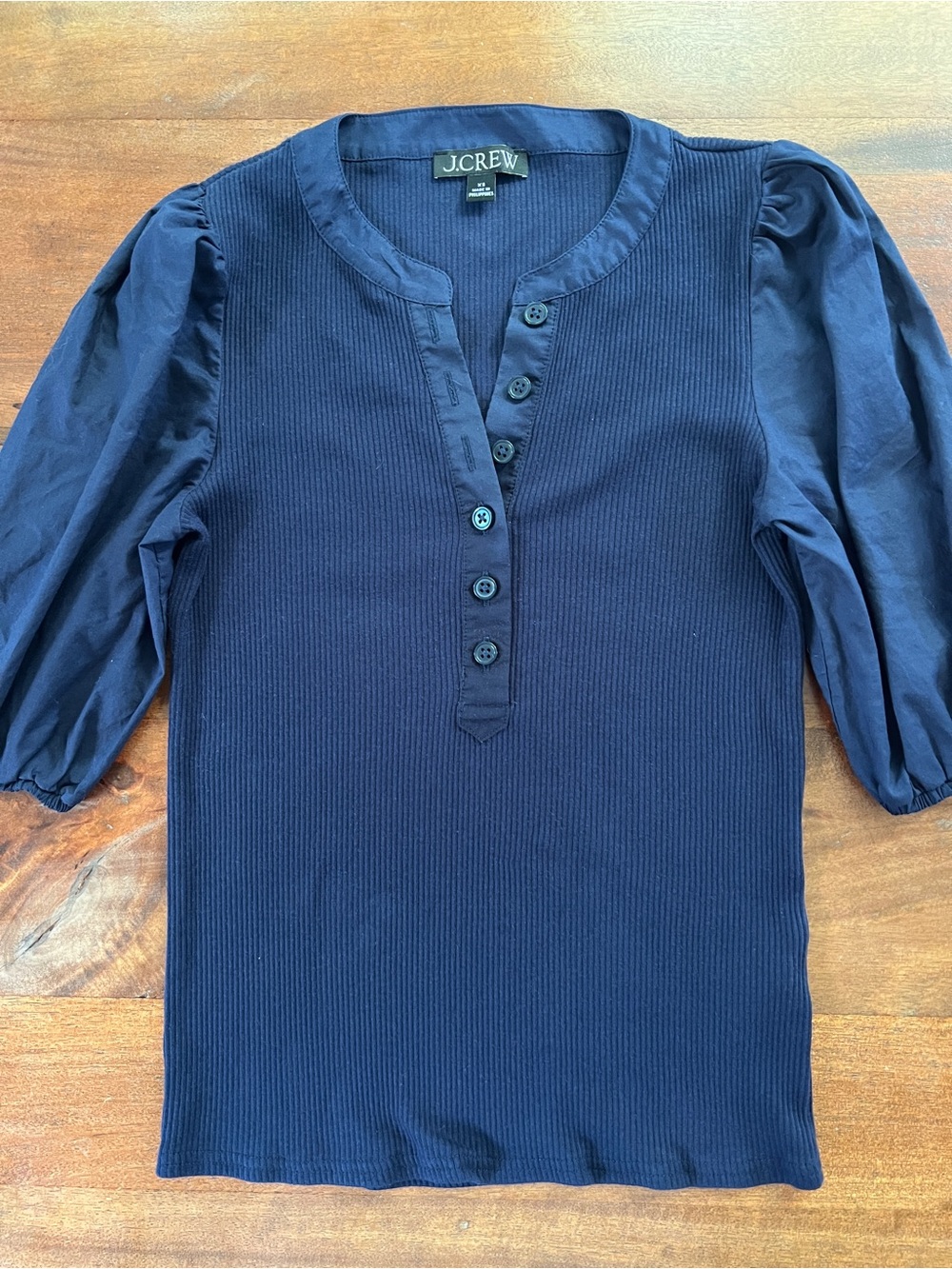 J.CREW Women’s Navy Cotton Balloon Sleeve V Neck Blouse Size XS
